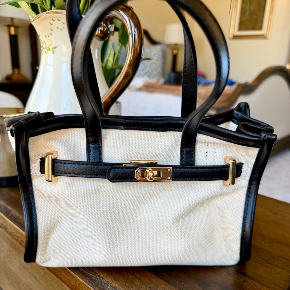 NWT Anthropologie Black & Cream faux leather canvas mini tote